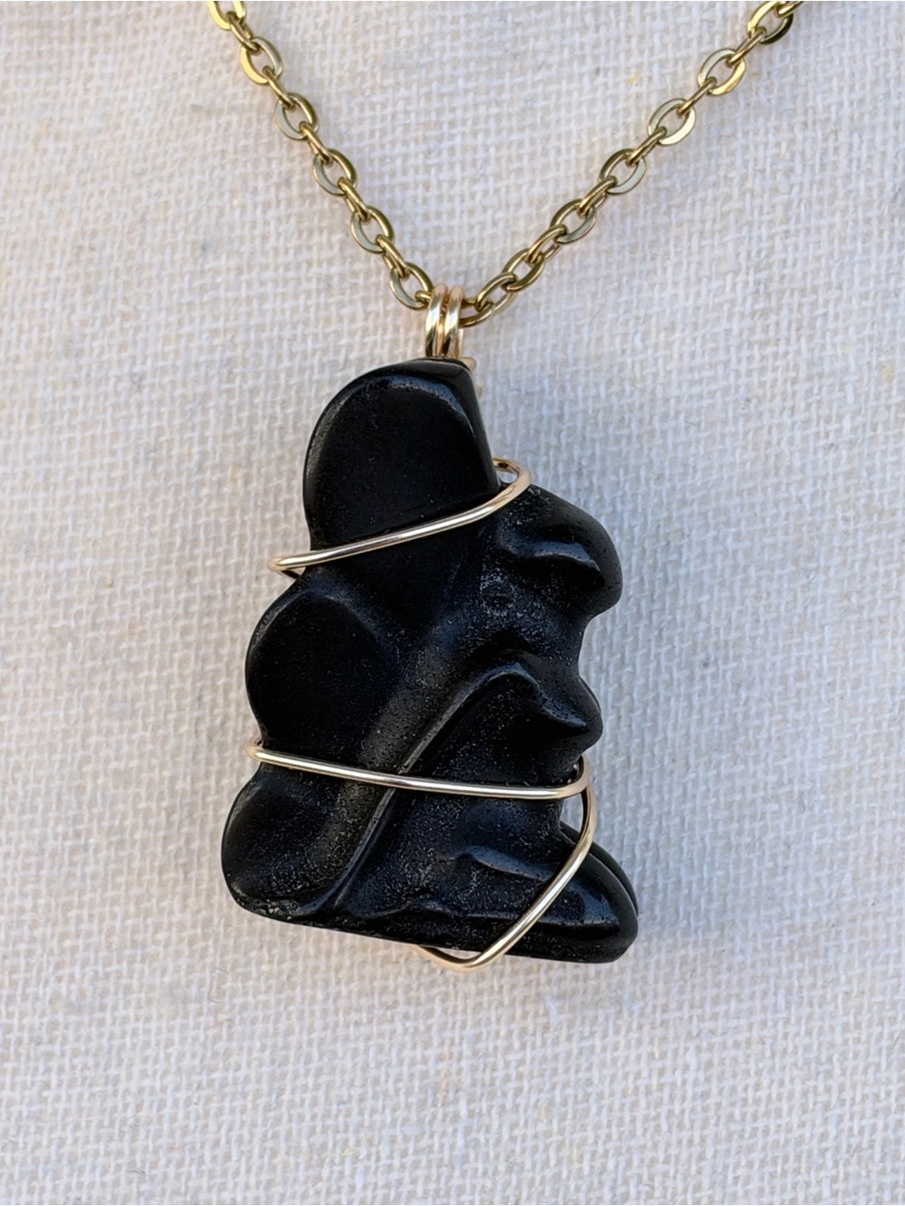 Black Onyx Fairy Pendant Necklace Gold Wire Wrap Handmade